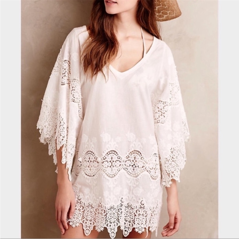 Anthropologie Eberjey Castaway White Cotton Lace Tunic Top Coverup sz M/L